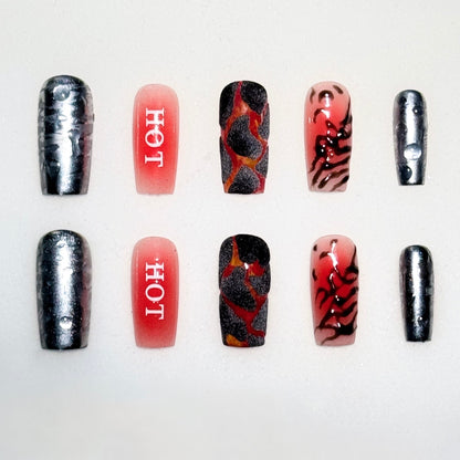 Set of nail art samples with various designs on a white background
